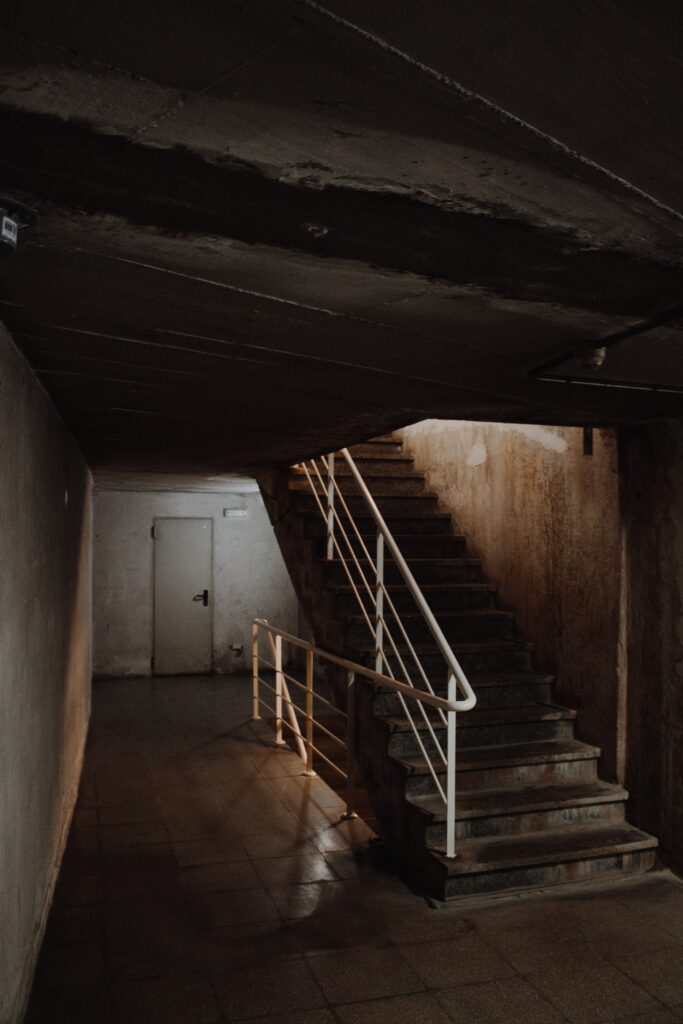 dark staircase leading to basement door