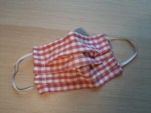 homemade surgical face mask in red gingham fabric