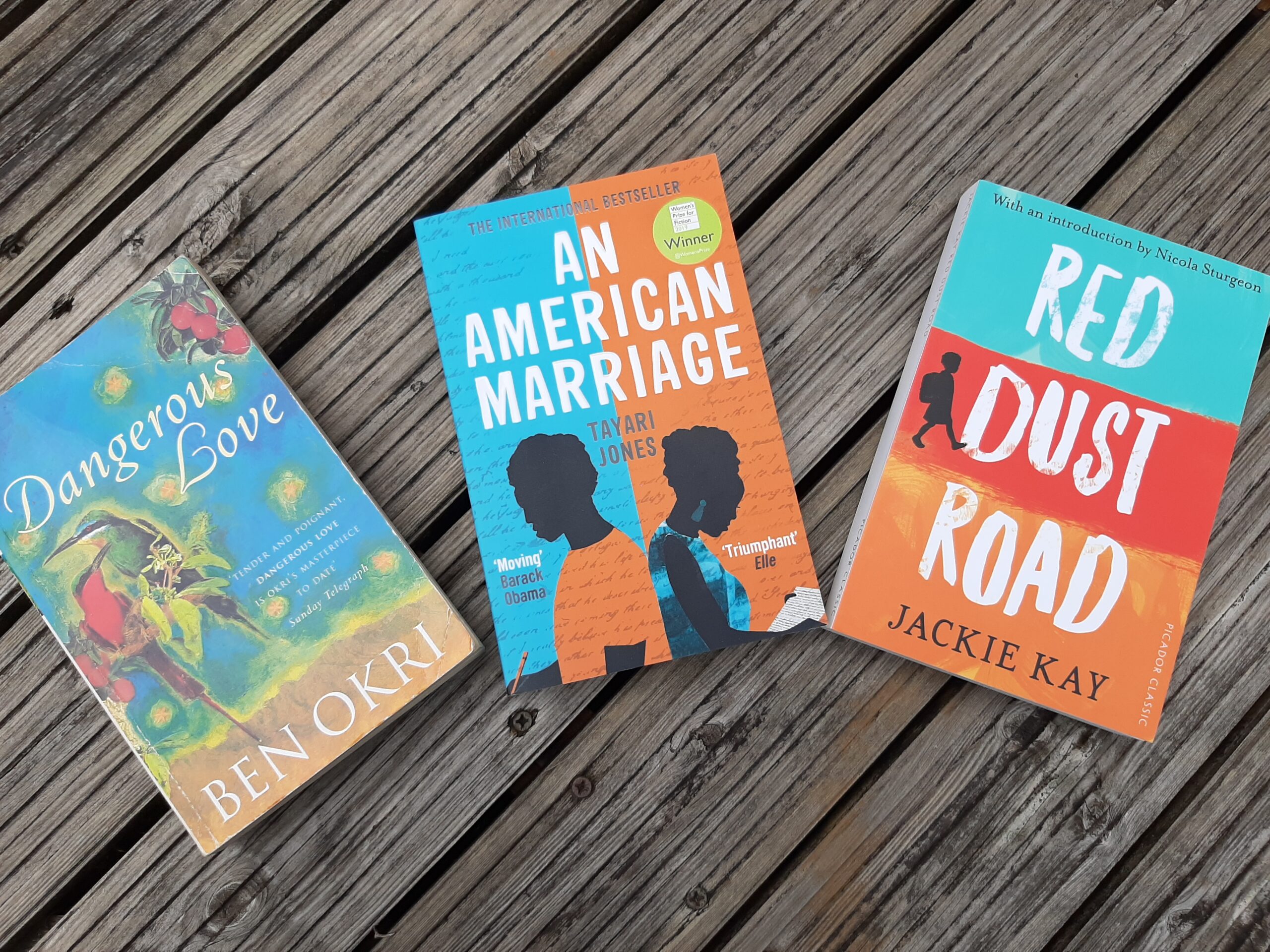 3 novels, Dangerous Love, An American Marriage and Red Dust Road