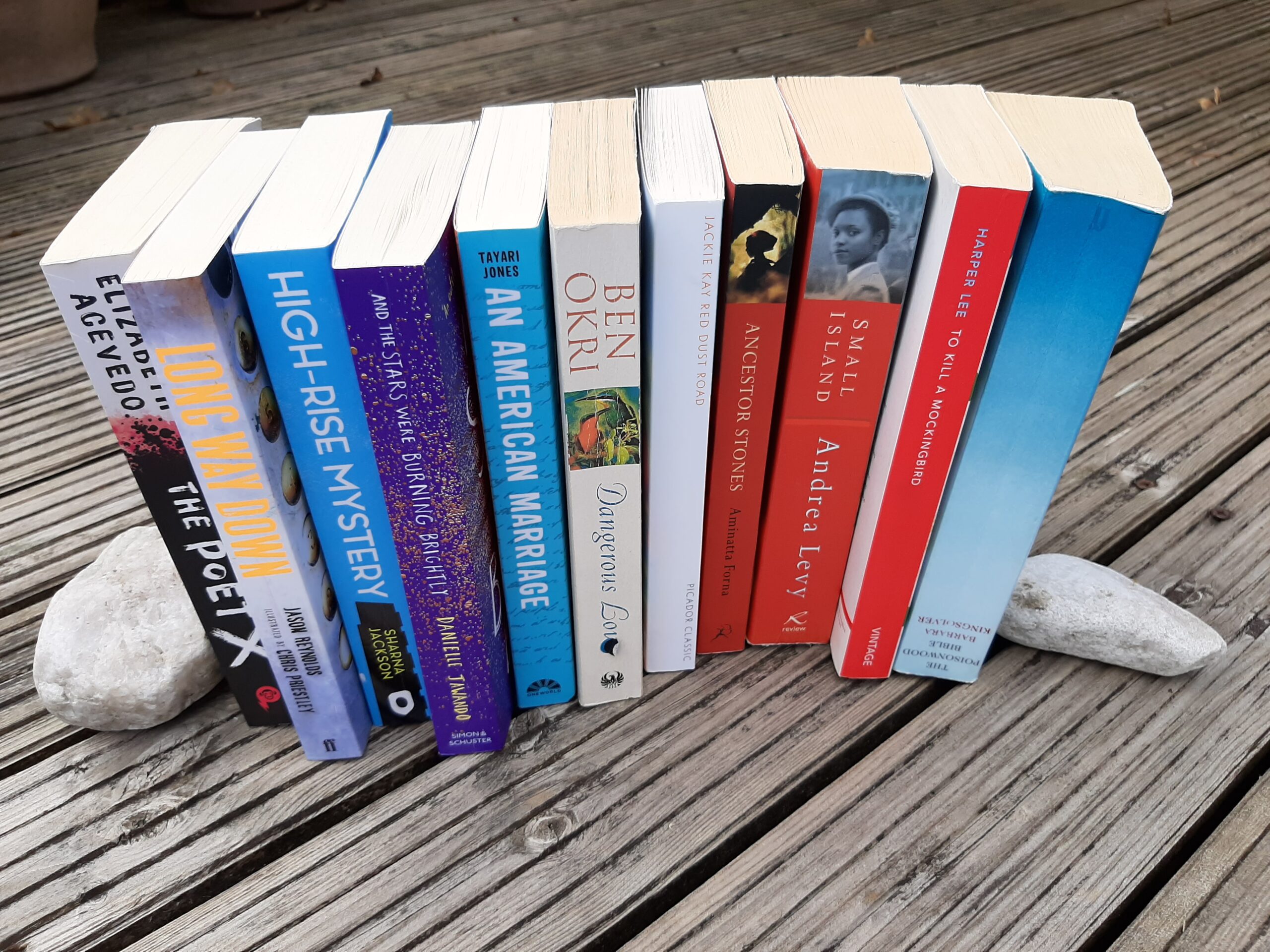 books about black lives lined up on garden deck